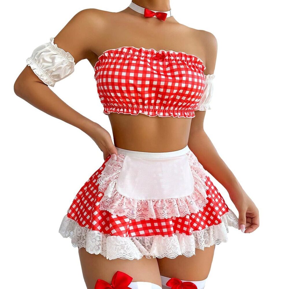 1148 Plaid Lace Frill Maid Lingerie Costume Set with Choker and Mesh